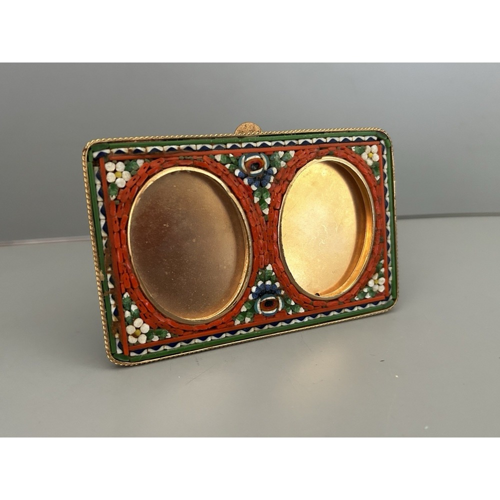 Vintage Italy Micro Mosaic Picture Frame Gold Tone Brass Double Oval Easel 3x4"